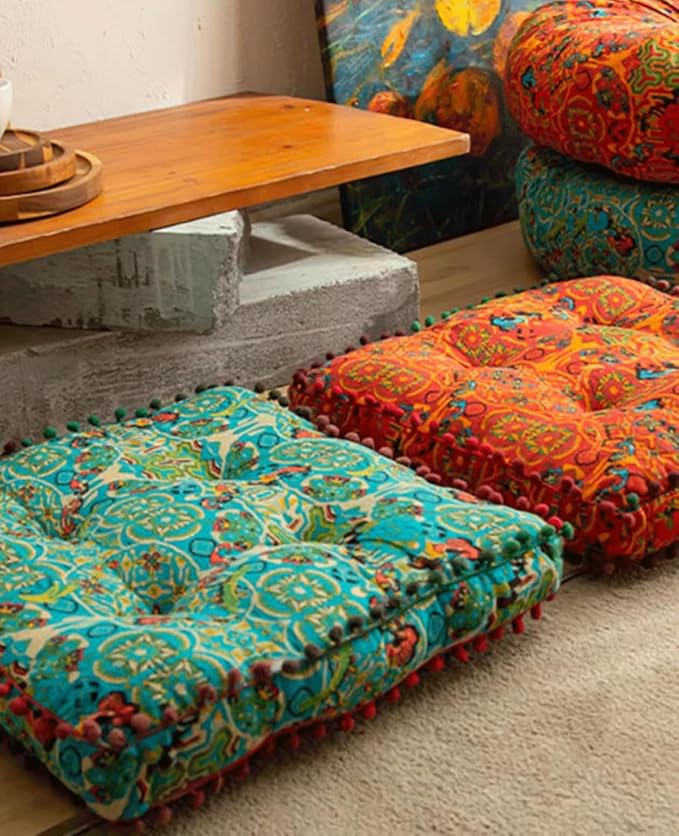 Meditation Floor Pillow, Large Pillows Seating, Bohemian Cushion for Fireplace Yoga Living Room Sitting(Size:42x42x6cm,Color:Moroccan Square mat - Orange)