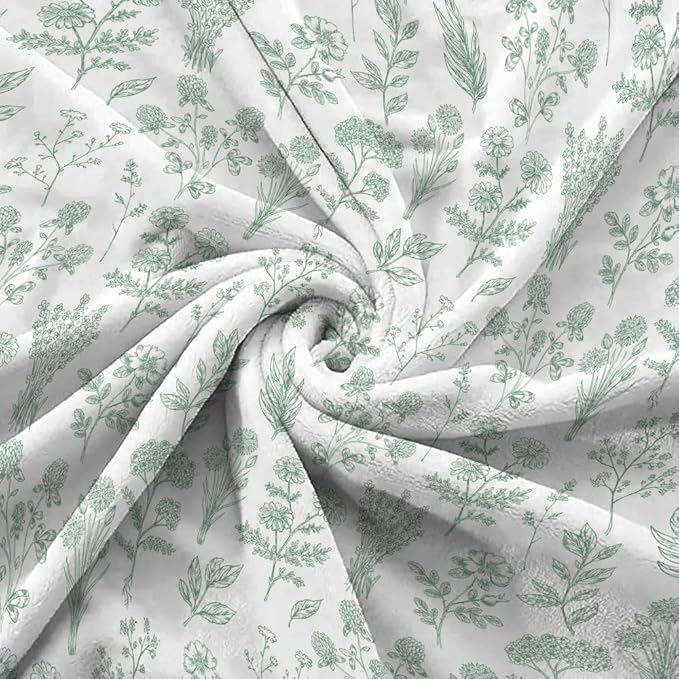 Floral Fuzzy Blanket Green Floral Throw Blanket, Botanical Flowers Blankets, Soft, Flannel, Warm, Boho Flowers Bed Blankets All Season for Couch Bedroom Living Room 60X70 Inch