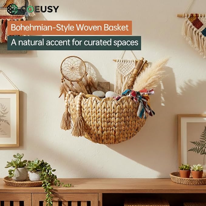 Scalloped Wall Basket,Boho Wall Decor Basket,Big Wicker Hanging Baskets for Nursery,Door,Plants,Mail,Natural Water Hyacinth