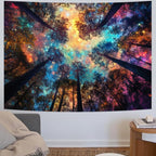 Amhokhui Colorful Forest Tapestry Nature Landscape Tapestry Mysterious Sky Tapestries Psychedelic Aesthetic Starry Night Tapestries Trippy Galaxy Space Wall Hanging Decor for Home