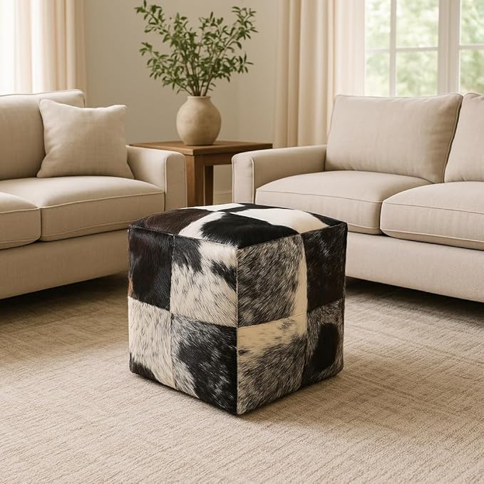 Unstuffed Premium Hair-on Leather Ottoman Pouf Cover, Boho Handmade Genuine Cowhide Square Footstool, Modern Cube Ottoman Footrest for Home Decor Living Room, Bedroom - 18X18 Inch, Black & White