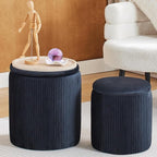 Round Ottoman with Storage Set of 2-Upholstered Velvet Vanity Stool for Makeup Multifunctional Ottomans Coffee Table Padded Seat Foot Rest for Living Room&Bedroom (Black-Upgrade Taray Lid)