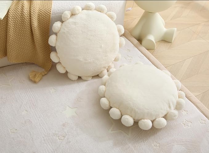 Round Pom Pom Floor Cushion–Soft Faux Rabbit Fur Floor Pillow for Adults & Kids,16" Plush Decorative Cushion Boho Throw Pillows for Living Room,Bedroom, or Bay Window–Ivory