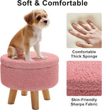 Pink Storage Ottoman Foot Rest, Small Sherpa Ottoman with Storage, Cute Round Foot Stool, Modern Pouf Ottomans Coffee Table, Boucle Teddy Footstools for Couch, Living room, Nursery, Dorm, Enterway