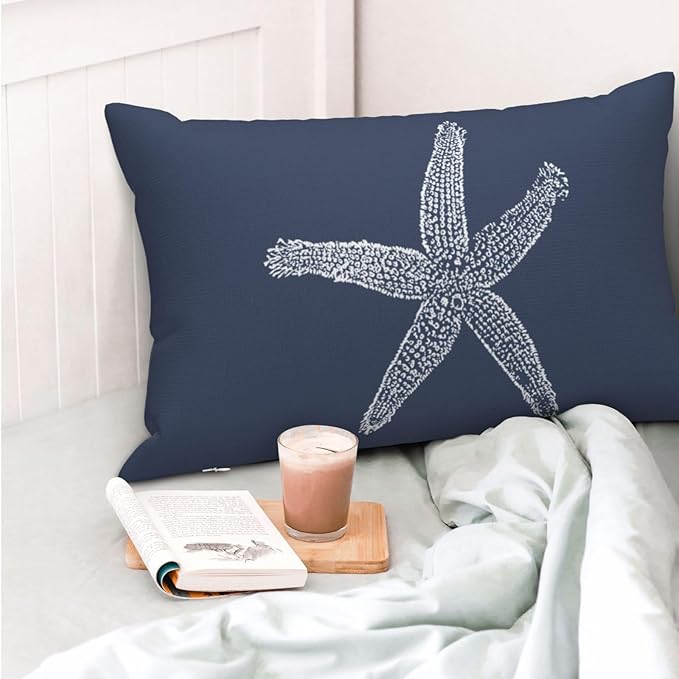 Blue Starfish Pillow Covers 12x20 Inch Set of 2, Nautical Ocean Coastal blue Coral Throw Pillows Spring Summer Decorations Linen Pillowcase Outdoor Decor Farmhouse Cushion Case for Home Holiday