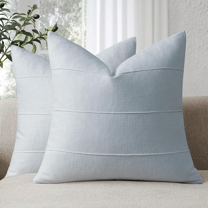ZWJD Decorative Linen Throw Pillow Covers 16x16 Set of 2 Solid Handcrafted Striped Cushion Covers for Bed Soft Modern Farmhouse Neutral Pillowcase for Couch Bedroom Living Room Home Decor(Sky Blue)