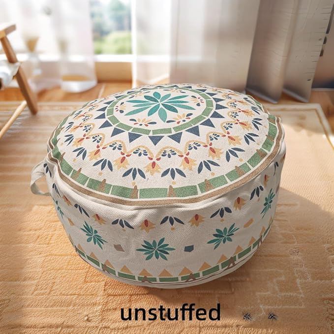 MOCOFO Round Bohemian Ottoman Pouf Cover, 18 Inch, Cotton Blend, Church Window Print, Living Room Storage Footrest, Cover Only (Green Diamond)