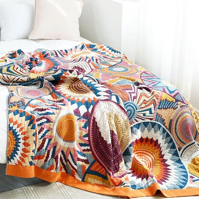 Boho Blanket for Bed 100% Cotton Bohemian Throw Blankets Ultra Soft Woven Muslin Decorative Blankets All Seasons Vintage Quilt Knitted Blanket for Sofa Chair (Colorful, 50"x60")
