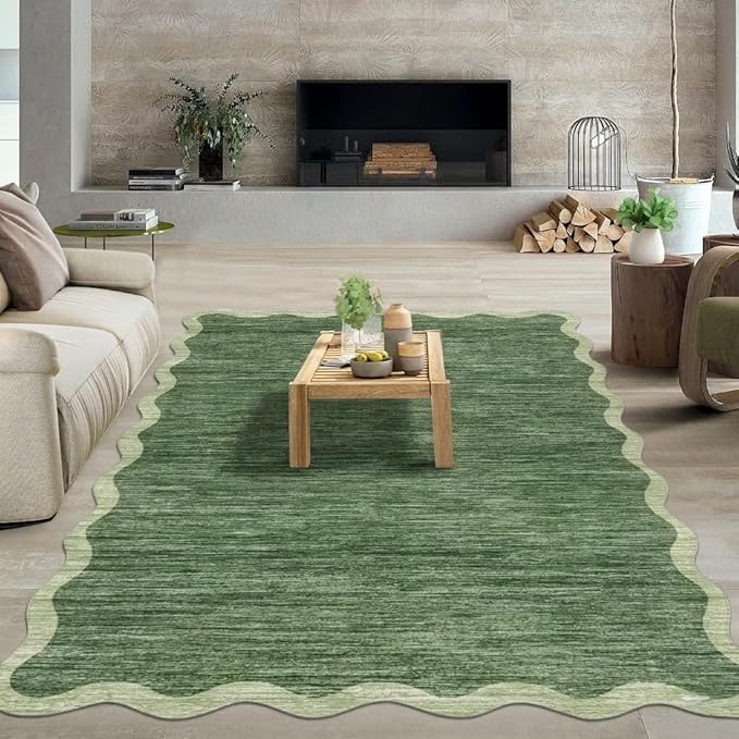 GarveeHome Scalloped Area Rug 4x6 - Washable Boho Bordered Non-Slip Entryway Rug, Abstract Green Farmhouse Living Room Rug Soft Throw Rugs for Entrance Hallway Bedroom Kitchen Nursery, Green
