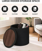 B FSOBEIIALEO Ottoman with Stroage, Boucle Round Storage Ottoman with Tray, Foot Rest Stool for Dorm Room, Living Room Black, 16.93"x16.93"x17.72"