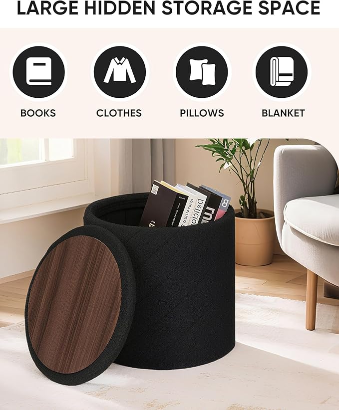 B FSOBEIIALEO Ottoman with Stroage, Boucle Round Storage Ottoman with Tray, Foot Rest Stool for Dorm Room, Living Room Black, 16.93"x16.93"x17.72"