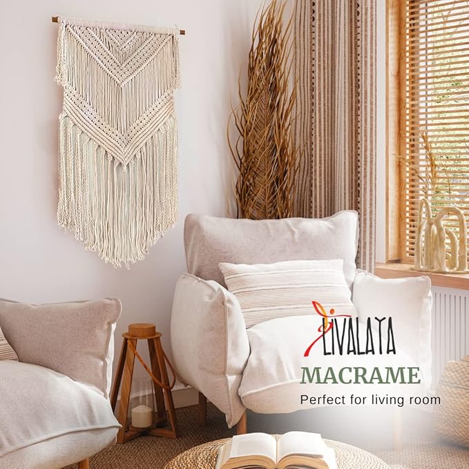 Livalaya Boho Macrame Woven Wall Hanging Beige 16 in x 36 in Modern Bohemian Tapestry wall Art Decor for House, Apartment, Dorm, Bedroom, Nursery, Party Decorations, Wedding, Wall Ornament