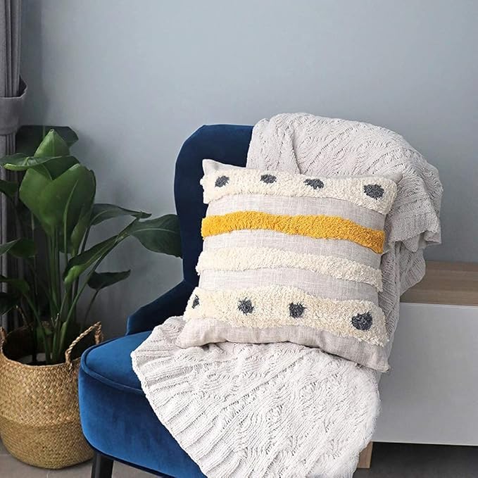 Boho Tufted Throw Pillow Cover with Handwoven Stripes, Linen Cotton Simple Decorative Cushion Case for Couch Sofa, 18x18 inches, 1 PC(Mustard Yellow)