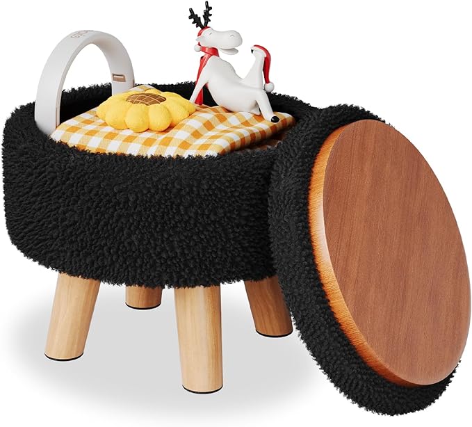 Black Storage Ottoman, Small Foot Stool Ottoman with Storage, Boucle Sherpa Foot Rest for Couch, Round Footstools with Soft Seat, Sturdy Wood Legs Stool for Living Room, Hallway, Desk