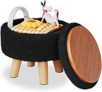 Black Storage Ottoman, Small Foot Stool Ottoman with Storage, Boucle Sherpa Foot Rest for Couch, Round Footstools with Soft Seat, Sturdy Wood Legs Stool for Living Room, Hallway, Desk