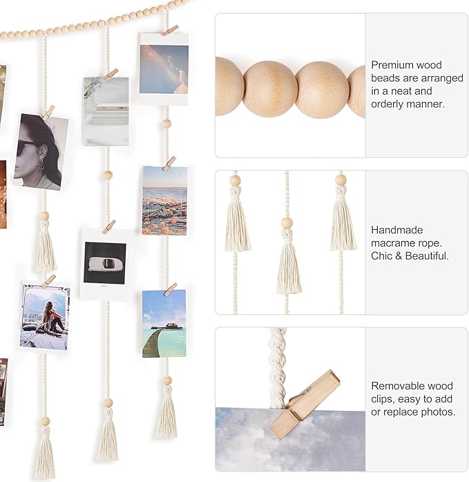 Mkono Macrame Hanging Photo Display Wall Decor with String Lights Boho Room Bedroom Wooden Beads Garland Picture Greeting Cards Holder with 45 Clips