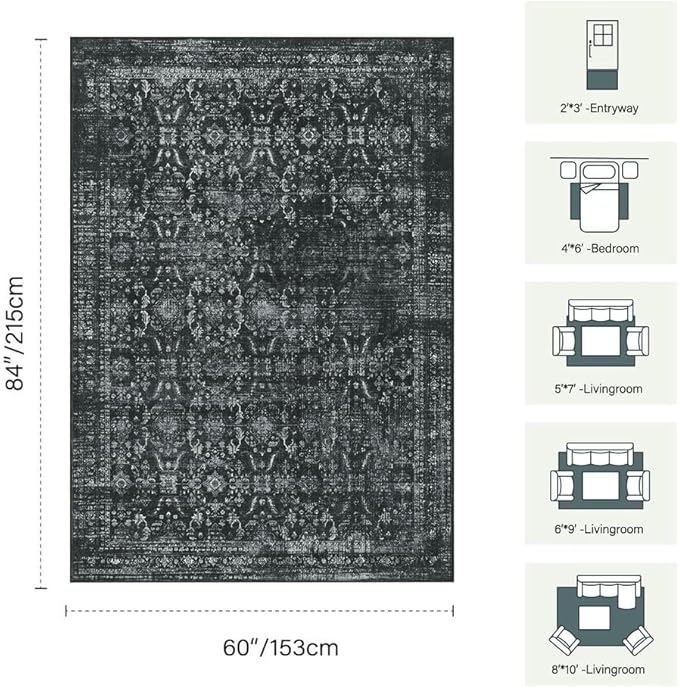 5x7 Area Rugs for Living Room Bedroom, Washable Rug, Black Vintage Floral Boho Rug, Non Slip & Low Pile Faux Wool Thin Carpet for Indoor Dining Room and Kids Room(Black 5x7ft)