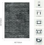 5x7 Area Rugs for Living Room Bedroom, Washable Rug, Black Vintage Floral Boho Rug, Non Slip & Low Pile Faux Wool Thin Carpet for Indoor Dining Room and Kids Room(Black 5x7ft)