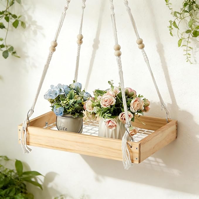 Novabright 1 Pcs Window Hanging Plant Shelf with Macrame Adjustable Rope, 16" Large Wooden Plant Hanger Indoor with Metal Frame, Load 50lb, Suit for Window Ceiling Wall Mount Boho Decor
