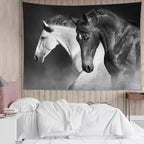 LB Black and White Horse Tapestry for Bedroom Galloping Horses Wall Tapestry Wild Animal Vintage Tapestries Hanging Wall Decor for Living Room Dorm, 59x51 inch