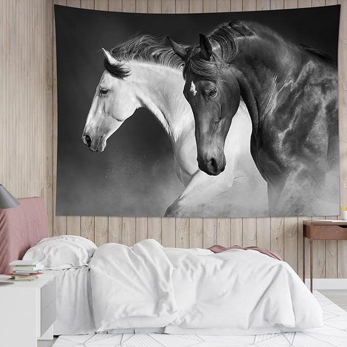 LB Black and White Horse Tapestry for Bedroom Galloping Horses Wall Tapestry Wild Animal Vintage Tapestries Hanging Wall Decor for Living Room Dorm, 59x51 inch