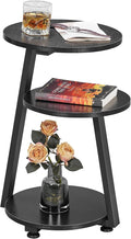 BEWISHOME Round End Table Side Table with Metal Frame, Accent Table Nightstand Bedside Table with 3-Tier Shelves, Small Couch Table for Living Room Bedroom Black KTZ41B
