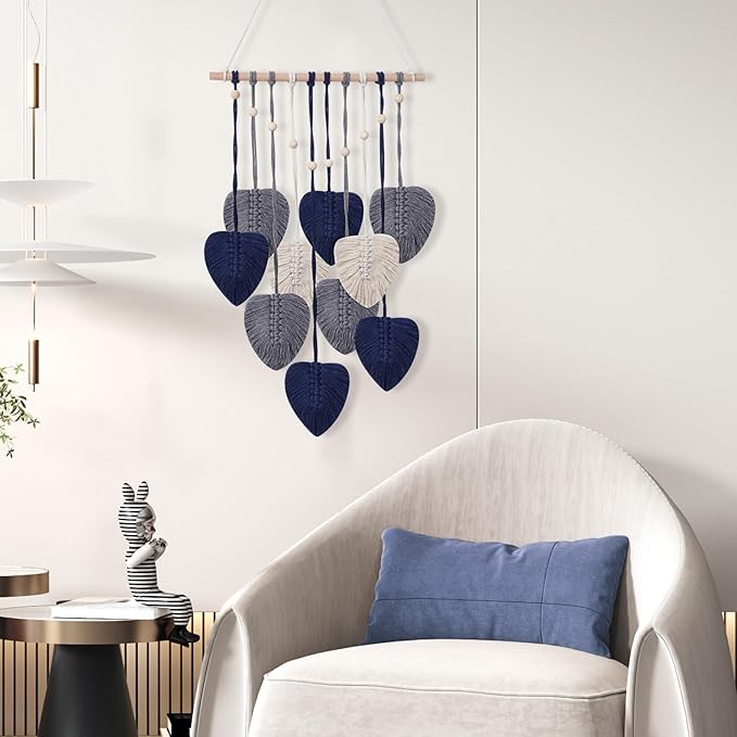Macrame Wall Hanging Decor Leaves Tapestry, Boho Wall Decor Woven Feather Handmade Yarn Tassels Macrame Wooden Hanging Decorations for Office,Living, Bedroom, Nursery,Apartment Room,16x26 Inch(Blue)