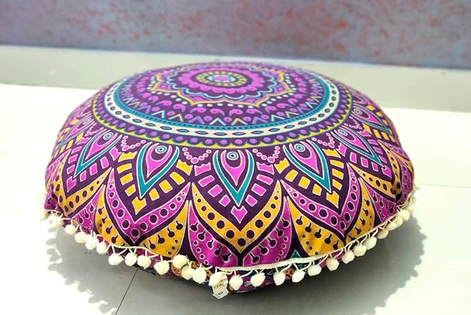 INDIAN CRAFT CASTLE New Pink Ombre 24" Mandala Barmeri Large Floor Pillow Cover Cushion Meditation Seating Ottoman Throw Cover Hippie Decorative Zipped Bohemian Pouf Ottoman Pom Pom Cases 24" Round