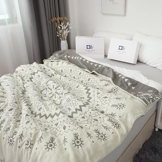 Boho Throw Blanket for Bed 100% Cotton Ultra Soft Rustic Quilt Spring Blanket Geometric Mandela Printed Farmhouse Decor Bed Blankets,80"x90" All Season Rustic Throw for Sofa Couch Chair