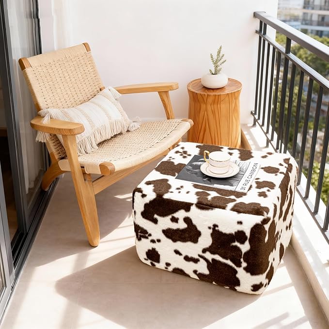 20x20x14 Inches Fluffy Square Pouf Ottoman - Plush Furry Boneless Ottoman Foot Rest Stool with High-Density Foam, Versatile Floor Seating for Living Room (Coffee Cow Print)