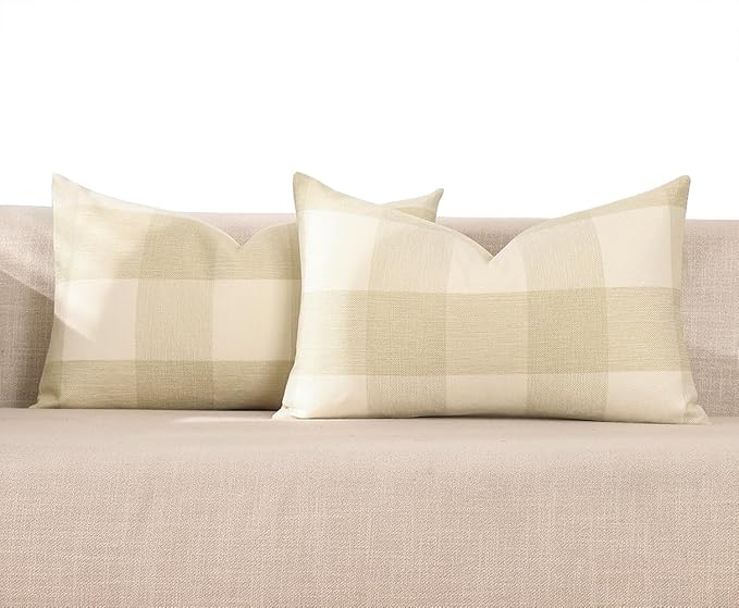 CARRIE HOME Beige Cream Buffalo Plaid Lumbar Pillow Covers 12x20 Set of 2 Neutral Checkered Pillow Covers 12 x 20 Outdoor Farmhouse Lumbar Pillow Covers for Couch, Sofa and Patio