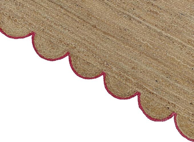 Weaving Cottage Scalloped Natural Jute Area Rug | Beige & Red, 2X3 FT Handwoven Jute Doormat | Eco-Friendly, Durable, and Stylish | Perfect for Living Room, Bedroom, and Entryway