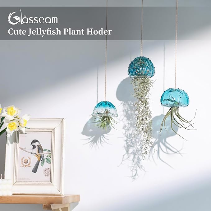 Glasseam Hanging Air Plant Holder: 3Pcs Glass Jellyfish Air Plant Hanger with Jute Ropes for Tillandsia Succulent Houseplants - Cute Airplant Display Container for Indoor Home Decor