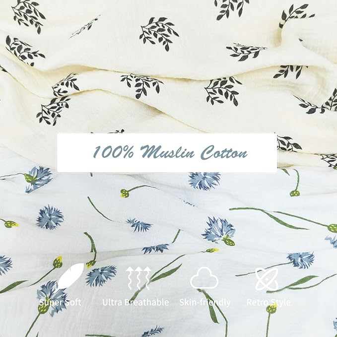 insular Cotton Muslin Baby Blanket with Tassel, Boho Bohemian Muslin Swaddle Blanket Baby Receiving Blanket with Fringe, Nursery Decor Throw or Nursing Blankets, 47" x40”, Blue Dandelion