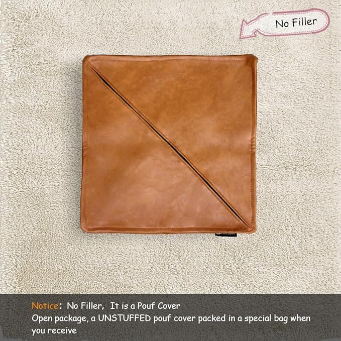 Pouf Ottoman, Unstuffed Pouf Cover, Handmade Faux PU Leather Moroccan, Orange Brown 17.7" Square, Foot Rest for Living Room, Floor Chair Gifts for Men Women, (Only Cover)