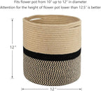 TIMEYARD Sturdy Jute Rope Plant Basket Modern Woven Basket for 11" Flower Pot Floor Indoor Planters, 12'' x 12'' Storage Organizer Baskets Rustic Home Decor, Black and Beige Stripes