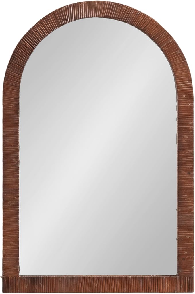 Kate and Laurel Rahfy Boho Arched Rattan Mirror; 20 x 30; Brown; Decorative Arch Wall Mirror with Authentic Rattan Frame for Vanity Bathroom Mirror