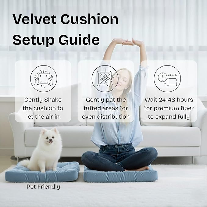 Meditation Floor Pillow Set of 2, Large Velvet Floor Pillows for Sitting, Tufted Floor Seating Cushions for Adults, Big Pillows for Yoga & Living Room, 22x22 Inch, Blue