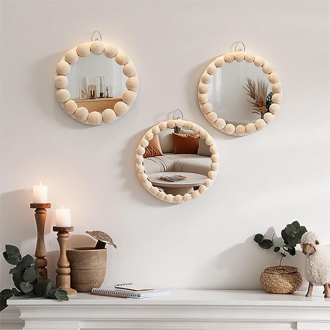 Novabright 3 Pcs Boho Mirror Wall Decor 4.72 Inch Small Round Circle Decorative Mirrors with Wood Bead Hanging Wall Art for Farmhouse Rustic Home Living Room, Bedroom, Bathroom, Entryway