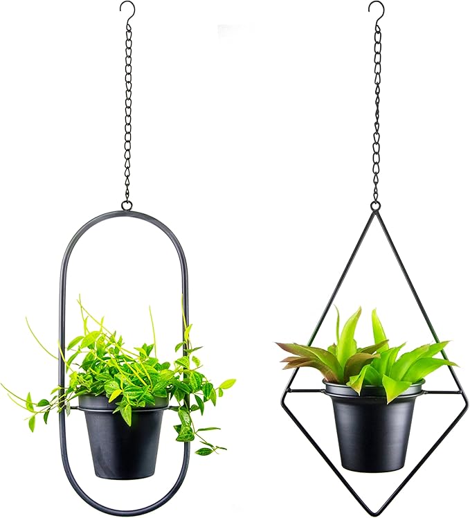 Modern Metal Hanging Planters Set of 2 - Geometric Diamond and Oval Plant Hangers with 5 inch Pots - Black Wall or Ceiling Mount Flower Holders for Indoor and Covered Outdoor Décor