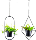 Modern Metal Hanging Planters Set of 2 - Geometric Diamond and Oval Plant Hangers with 5 inch Pots - Black Wall or Ceiling Mount Flower Holders for Indoor and Covered Outdoor Décor