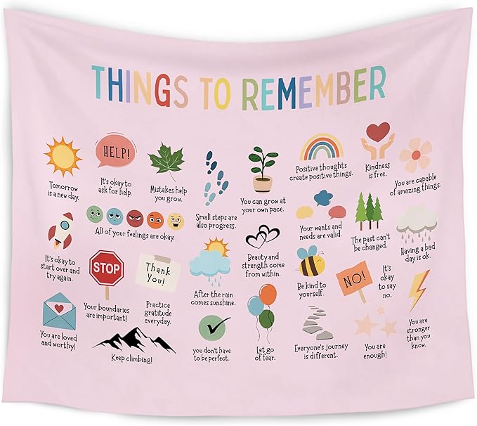 WARDOS Mental Health Pink Tapestry, Things to Remember Inspirational Tapestry Wall Hanging, Positive Affirmation Psychology Wall Blanket Decor for Therapy Calming Office Classroom, 50x60 Inch