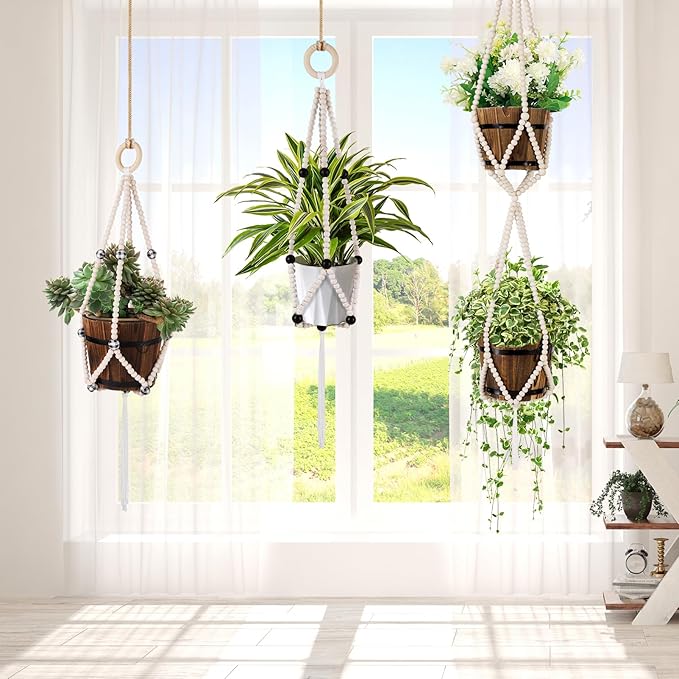Hotfiary Plant Hanger Indoor Hanging Plant Holder Hang Planter Basket Wood Bead Decorative Flower Pot Holders Boho Farmhouse Rustic Decor Indoor Outdoor (Pot Not Included)