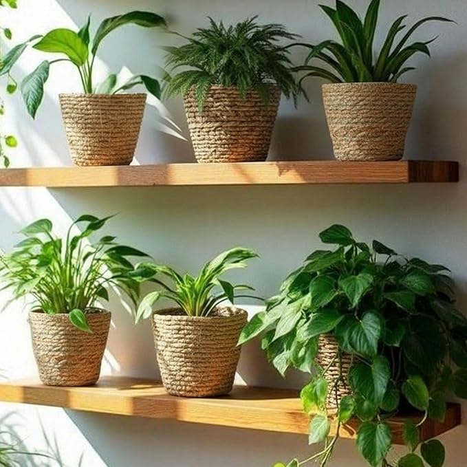 6 Pcs Seagrass Plant Basket with Plastic Liners Woven Stylish Planter Baskets Bulk Indoor Outdoor Plants Woven Wicker Baskets for Flower Pots Cover and Room Decor Small (Small,Rustic)