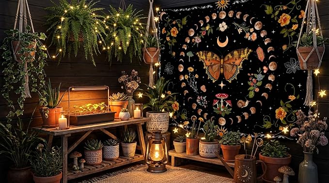Aipon Orange Butterfly Moon Flower Tapestry Botanical Floral Plant Boho Tapestry for Bedroom Aesthetic Vintage Tapestries Wall Hanging for Living Room Dorm (60.00'' × 80.00'', Orange)