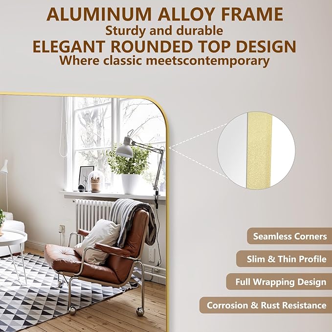 Koonmi Full Length Mirror, 81"x41" Mirror Full Length with Stand, Gold Domed Top Square-Edged Floor Mirror with Aluminum Alloy Frame for Bedroom Living Room