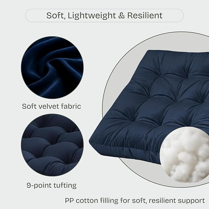 Meditation Floor Pillow Set of 2, Large Velvet Floor Pillows for Sitting, Tufted Floor Seating Cushions for Adults, Big Pillows for Yoga & Living Room, 22x22 Inch, Navy