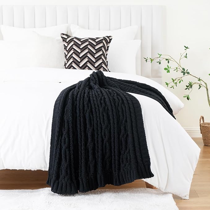 Battilo Black Throw Blanket for Couch, Cable Knit Blanket for Bed,Chair, Home Decor, Soft Cozy Woven Chenille Throw Blanket, Decorative Boho Throw Blanket, 51"x67"