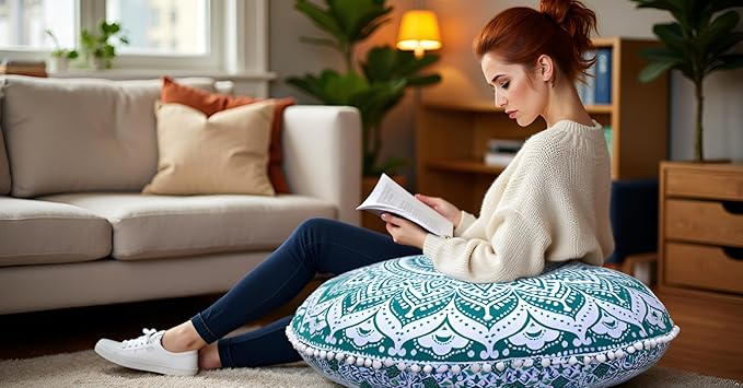ICC Large Round seat Floor Cushion Chair Ottoman Cover, Pouf Pillow Meditation Floor Cushions Covers, Seating pouffe Throw Covers Craft Room Furniture for Sitting Cover 32" Inches Green