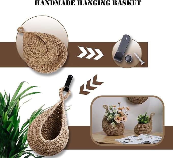 Hanging Fruit Large Basket Set of 3, Boho Wall Hanging Storage Basket for Organizing, Handmade Teardrop Hammock Holder for Fruit Vegetable in Home & Restaurant Kitchen with Hooks, Linen